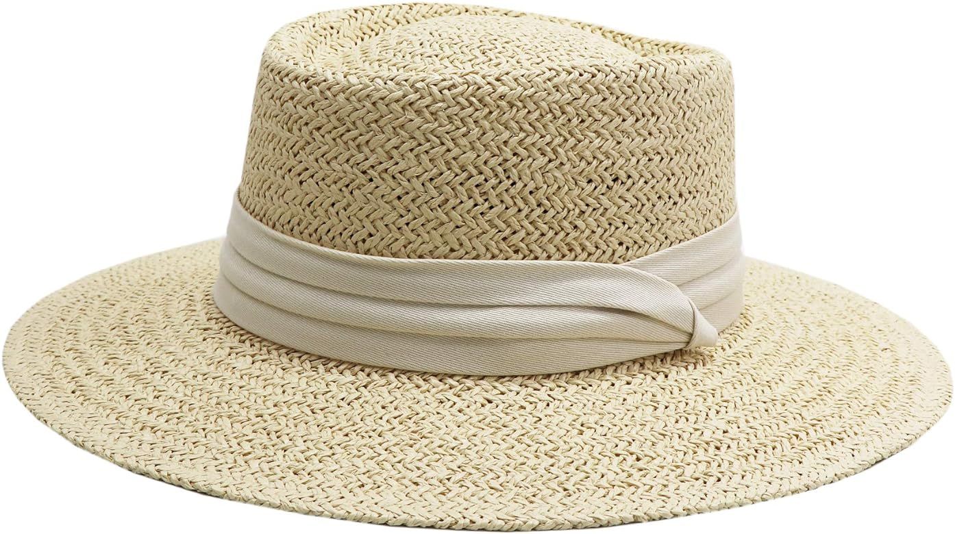 jiaoji Women's Straw hat Panama hat Tweed hat Beach Sun hat Wide Brim | Amazon (US)