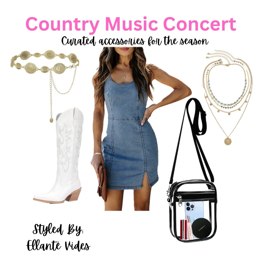 Turn heads at your next country music concert with this effortlessly stylish outfit! The denim mini dress with a side slit combines modern trends with Southern charm, making it the perfect base for your concert look. Pair it with white cowboy boots for a bold and classic vibe. Accessorize with a layered gold necklace and a Western-inspired belt to add extra flair. The transparent crossbody bag not only complies with venue guidelines but also keeps your essentials close and stylishly displayed. This curated look is designed for fun nights under the stars filled with live music and unforgettable memories!

country music concert, denim mini dress, white cowboy boots, layered necklace, Western belt, crossbody bag, Southern style, trendy concert outfit, live music fashion, curated accessories.

#LTKSeasonal #LTKSaleAlert #LTKFindsUnder50