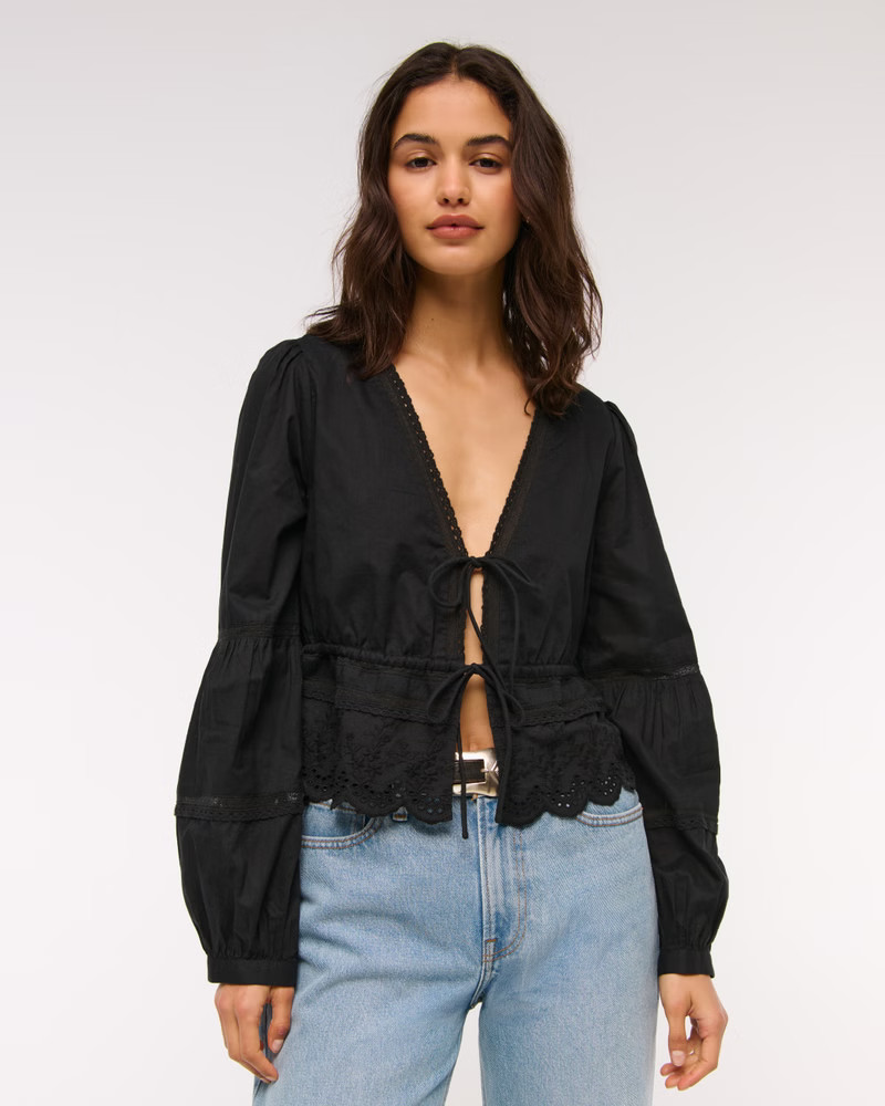 Long-Sleeve Lace Tie-Front Top | Abercrombie & Fitch (US)