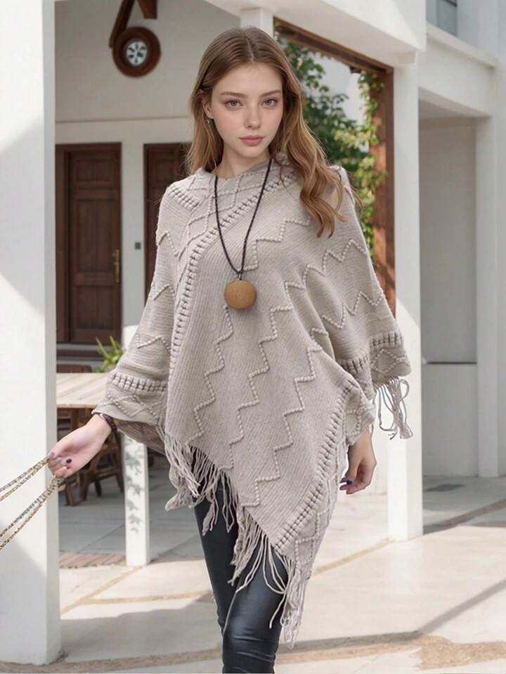 1 pieza Poncho de mujer de punto de un solo color con flecos largos, abrigo tipo capa de moda cl... | SHEIN
