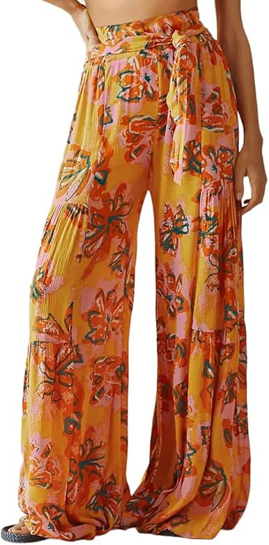 Lrady Womens Wide Leg Palazzo Lounge Pajama Pants High Waist Tied Belt Beach Boho Loose Yoga Athl... | Amazon (US)