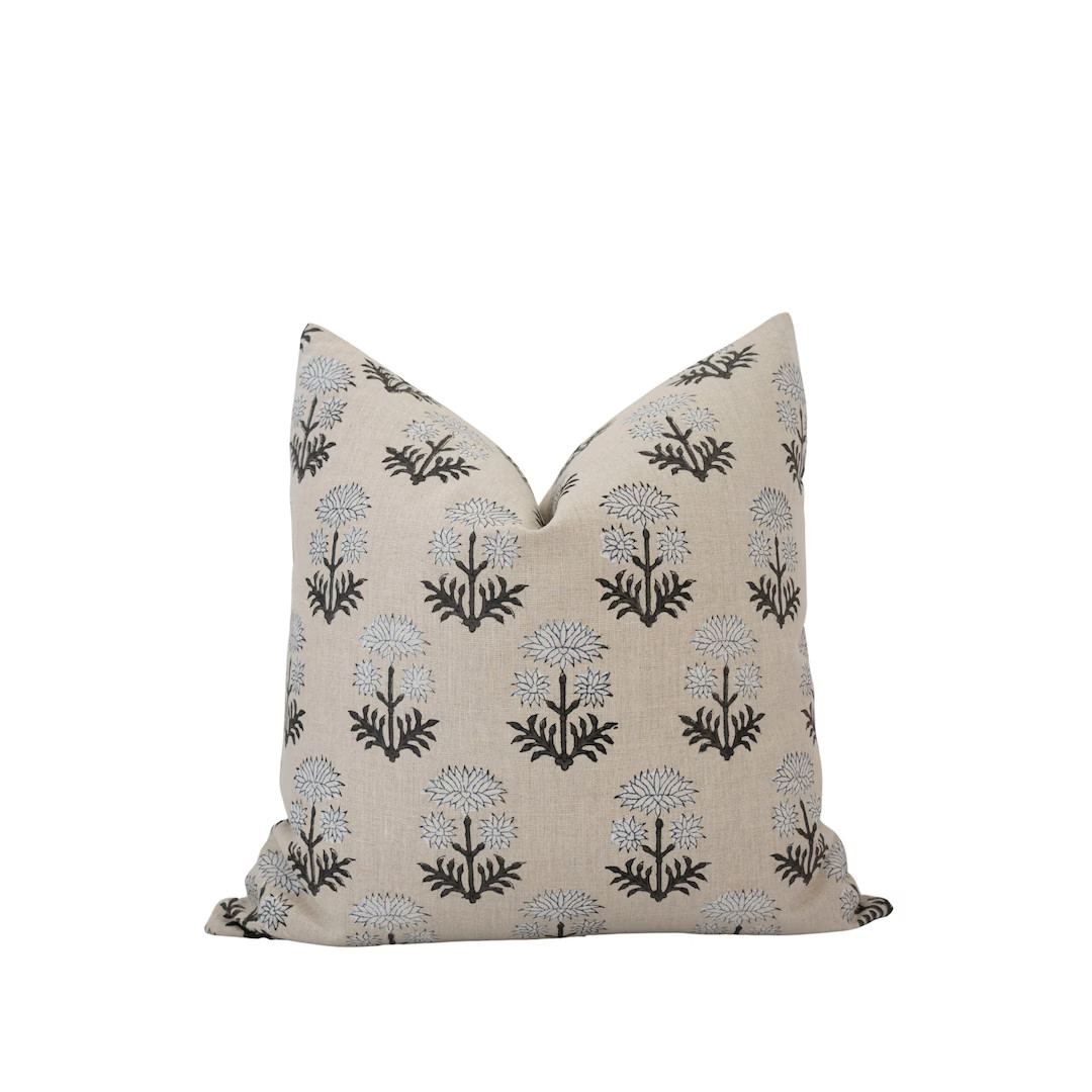 DEVIN Designer Dark Gray Floral Pillow Cover Block Print Pillow Cover Farmhouse Pillow Spring Pil... | Etsy (US)
