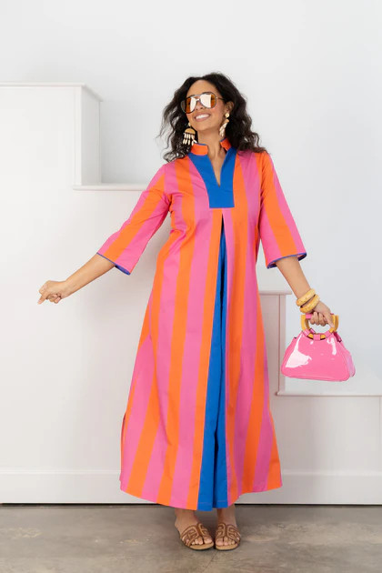 House of MBR Martini Stripe Short Sleeve Caftan | The Willow Tree