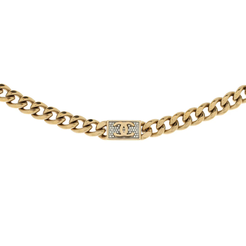 CC Dog Tag Choker Chain Link Necklace Metal with Crystals | Rebag