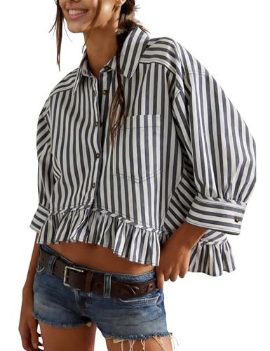 InterNos Womens Striped 3/4 Sleeve Blouse Loose V Neck Button Down Ruffled Hem Vertical Shirt Top with Pocket (0955-NavyBlue-S) | Amazon (US)