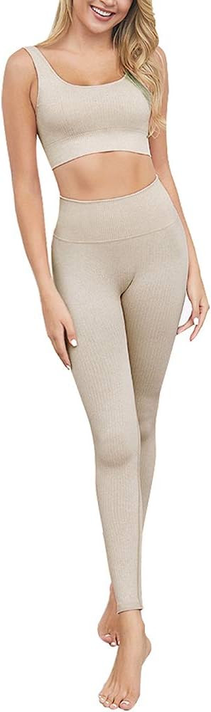 Jetjoy Exercise Outfits for Women 2 Pieces Ribbed Seamless Yoga Outfits Sports Bra and Leggings S... | Amazon (US)