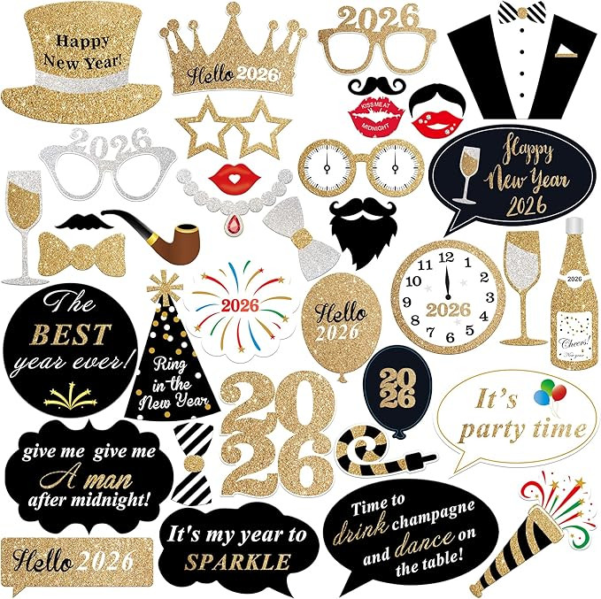 Katchon, Glitter New Years Photo Booth Props - Pack of 35 | NYE Photo Booth Props for New Years E... | Amazon (US)