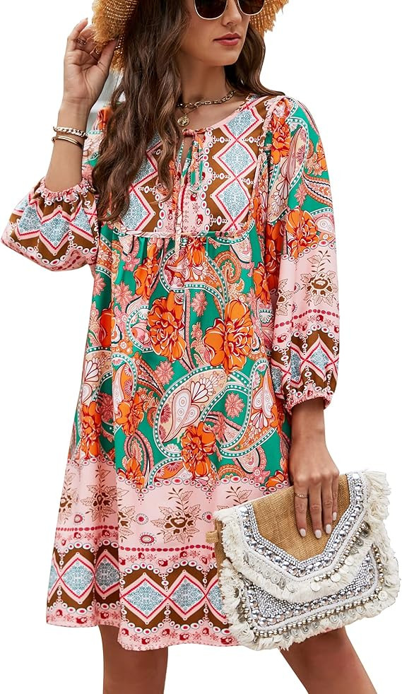 Bluetime Women Casual Summer Dress Boho V Neck 3/4 Sleeve Babydoll Floral Print Flowy Beach Dress | Amazon (US)