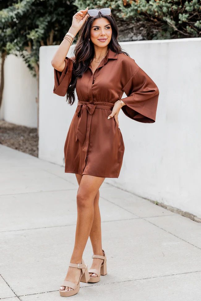 Stay With Me Brown Collared Button Up Satin Mini Dress | Pink Lily