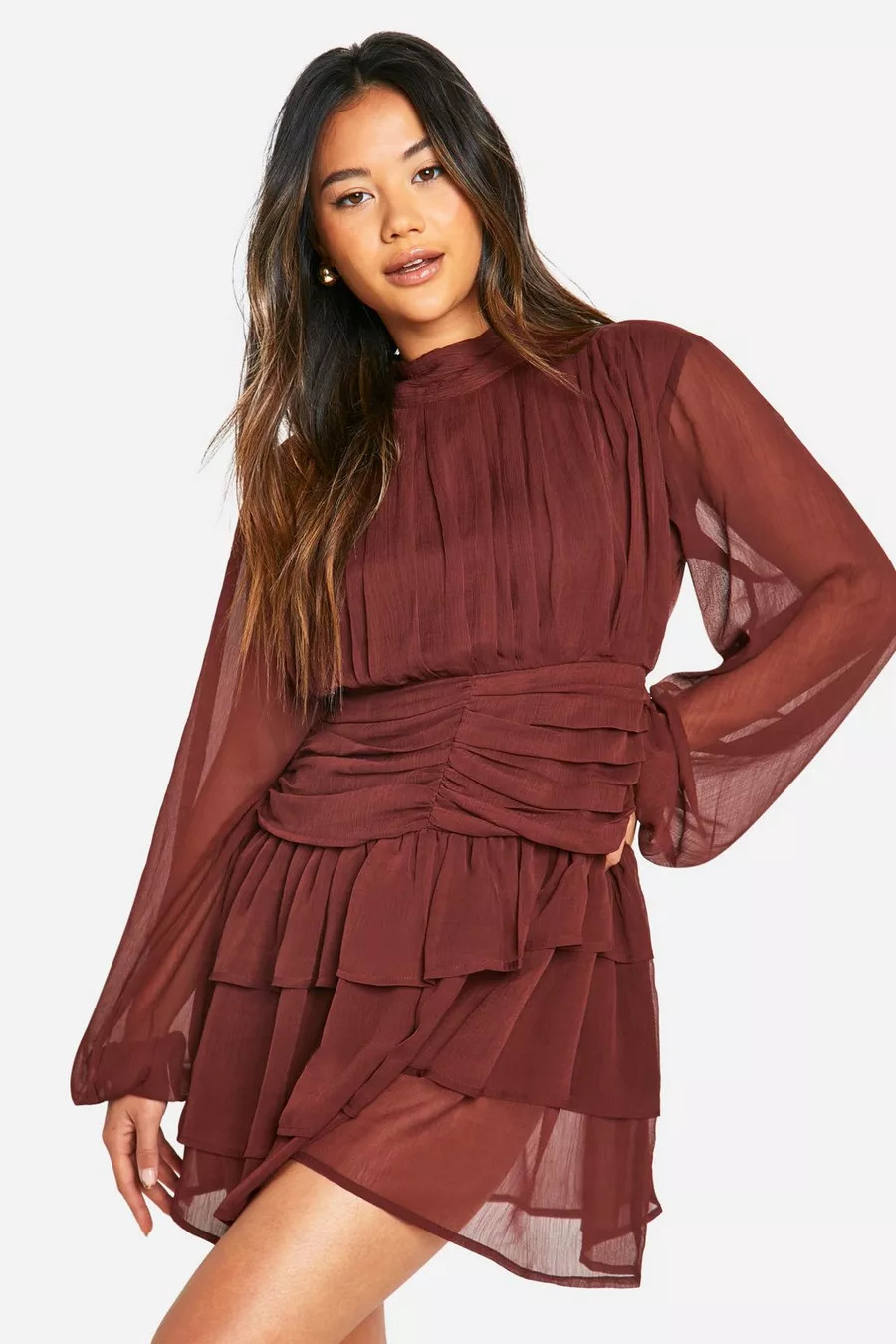 High Neck Gathered Chiffon Mini Dress | Boohoo.com (UK & IE)