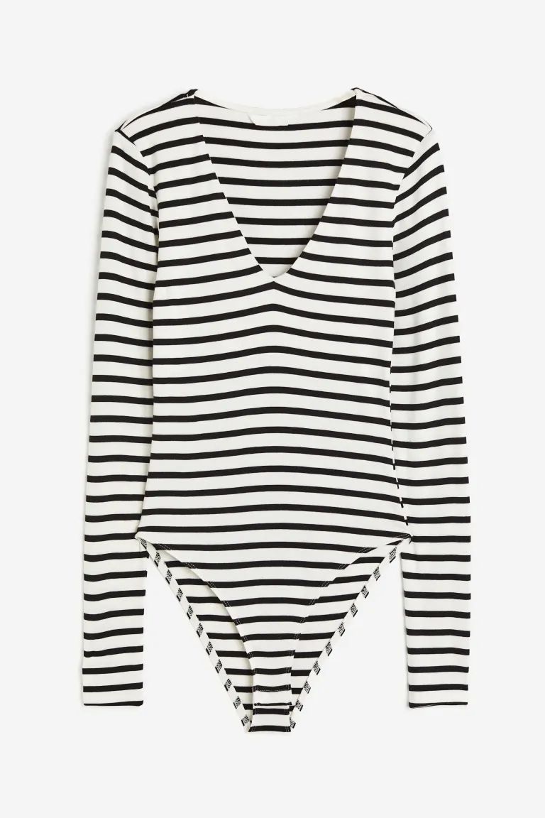 V-neck Bodysuit - White/striped - Ladies | H&M US | H&M (US + CA)