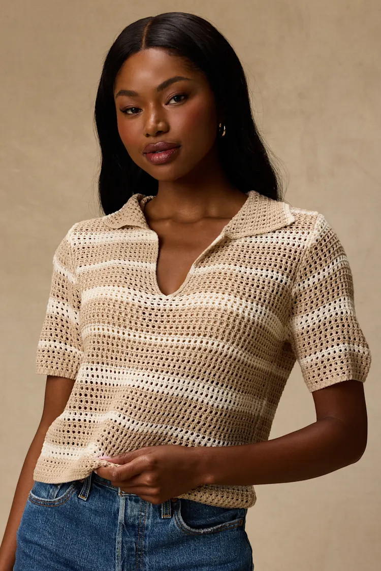 Bebe Beige Striped Crochet Collared Top | Lulus