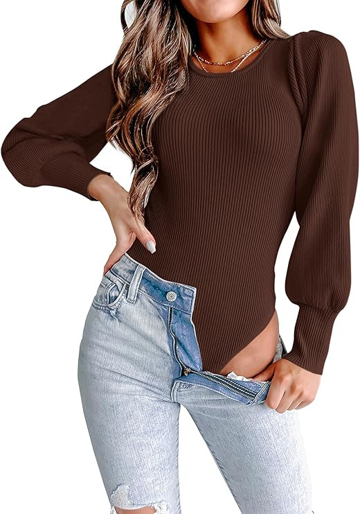 MASCOMODA Long Puff Sleeve Sweaters for Women 2025 Fall Winter Crewneck Knit Ribbed Bodysuit Pull... | Amazon (US)