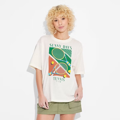 Women's Sunny Days Tennis Club Short Sleeve Graphic Boyfriend T-Shirt - Off-White L | Target
