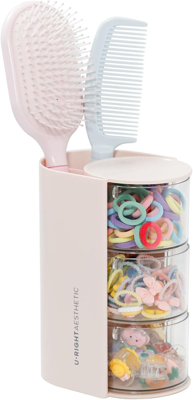 3-Layer Hair Accessories Organizer with Brushes Holder, Rotating Small Jewelry Box for Hair Ties ... | Amazon (US)