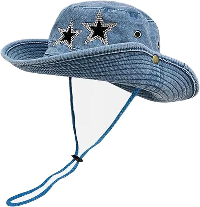 Jeans Denim Cowboy Hat for Women Y2k Crystal Star Washed Bucket Hat with String Sun Cap Foldable ... | Amazon (US)