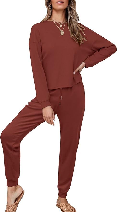 ZESICA Womens Waffle Knit Outfits Set Casual Long Sleeve Top and Pants Two Piece Loungewear Sweat... | Amazon (US)