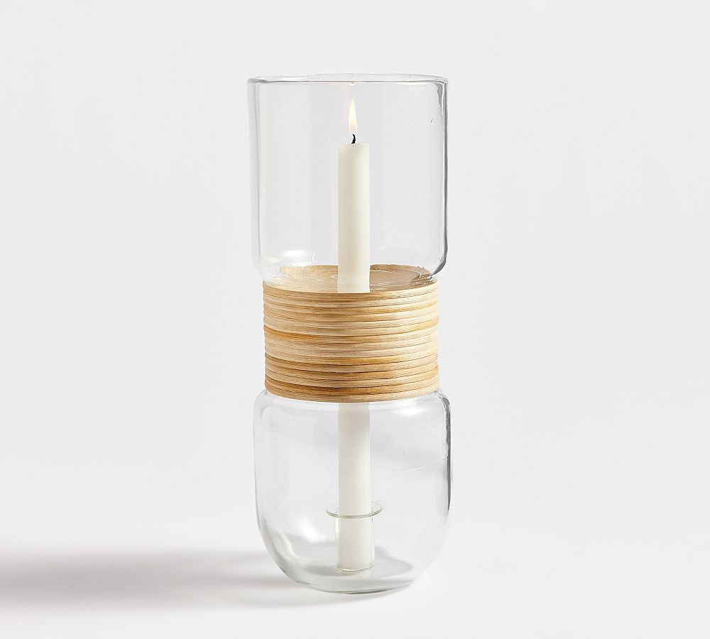 Palm Woven Rattan & Glass Hurricane Candleholder | Pottery Barn (US)