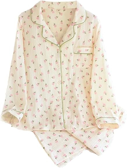 REHJJDFD Women's Cotton Print Gauze Pajamas Long Sleeves Trousers Casual Loose Sleepwear 2 Piece | Amazon (US)