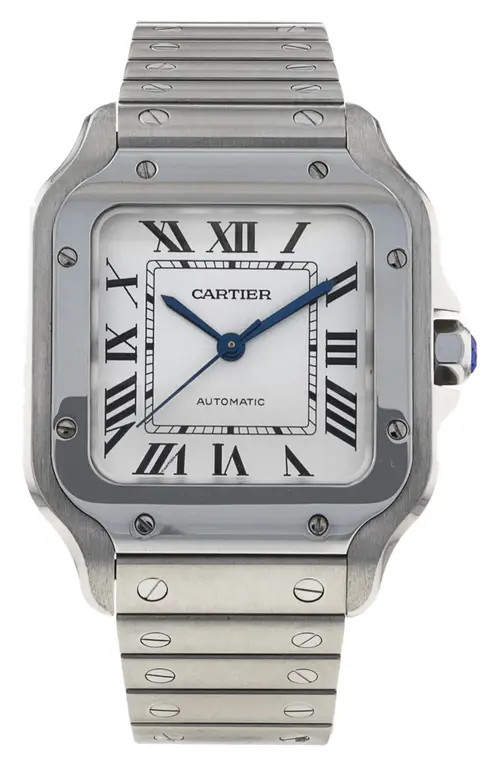 Watchfinder & Co. Cartier Preowned 2018 Santos de Cartier Automatic Bracelet Watch, 35mm in Silver at Nordstrom | Nordstrom