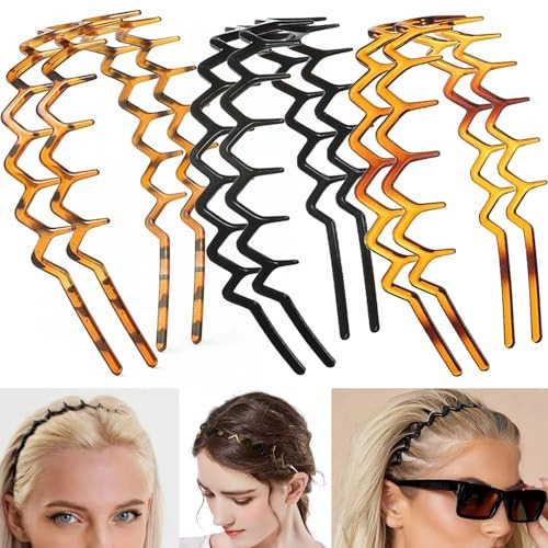 Supgoodom 6 PCS Zig Zag Headbands Plastic Wavy Hair Head Band Comb with Teeth Hoop Accessories for Women Men Girls, Classic Black&Retro Leopard | Amazon (US)