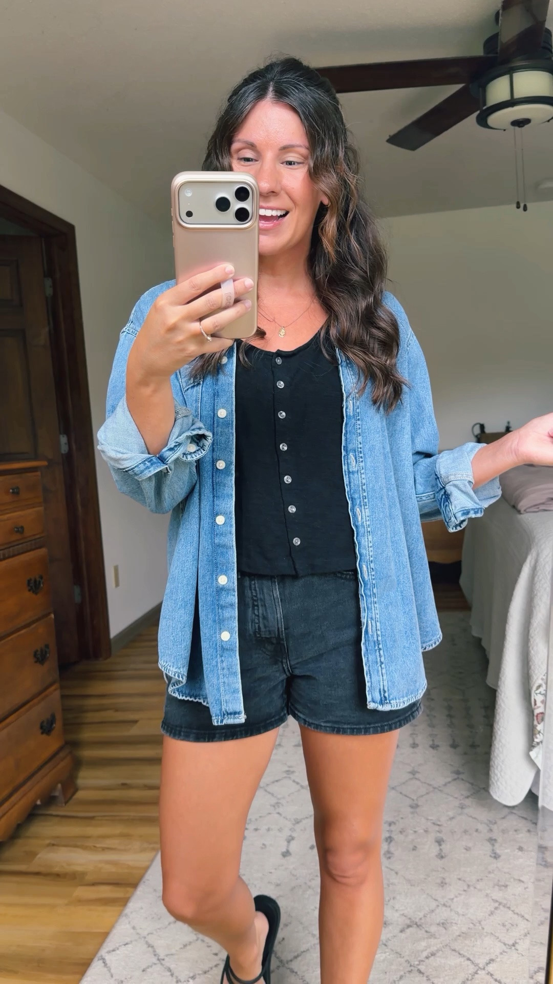 xs in my tee (100% cotton and comes in green and cream too) and Xs in my denim button up. My black denim shorts are older so linked similar! My croc sandals are size 6.

#LTKSeasonal #LTKPetite #LTKmomlife