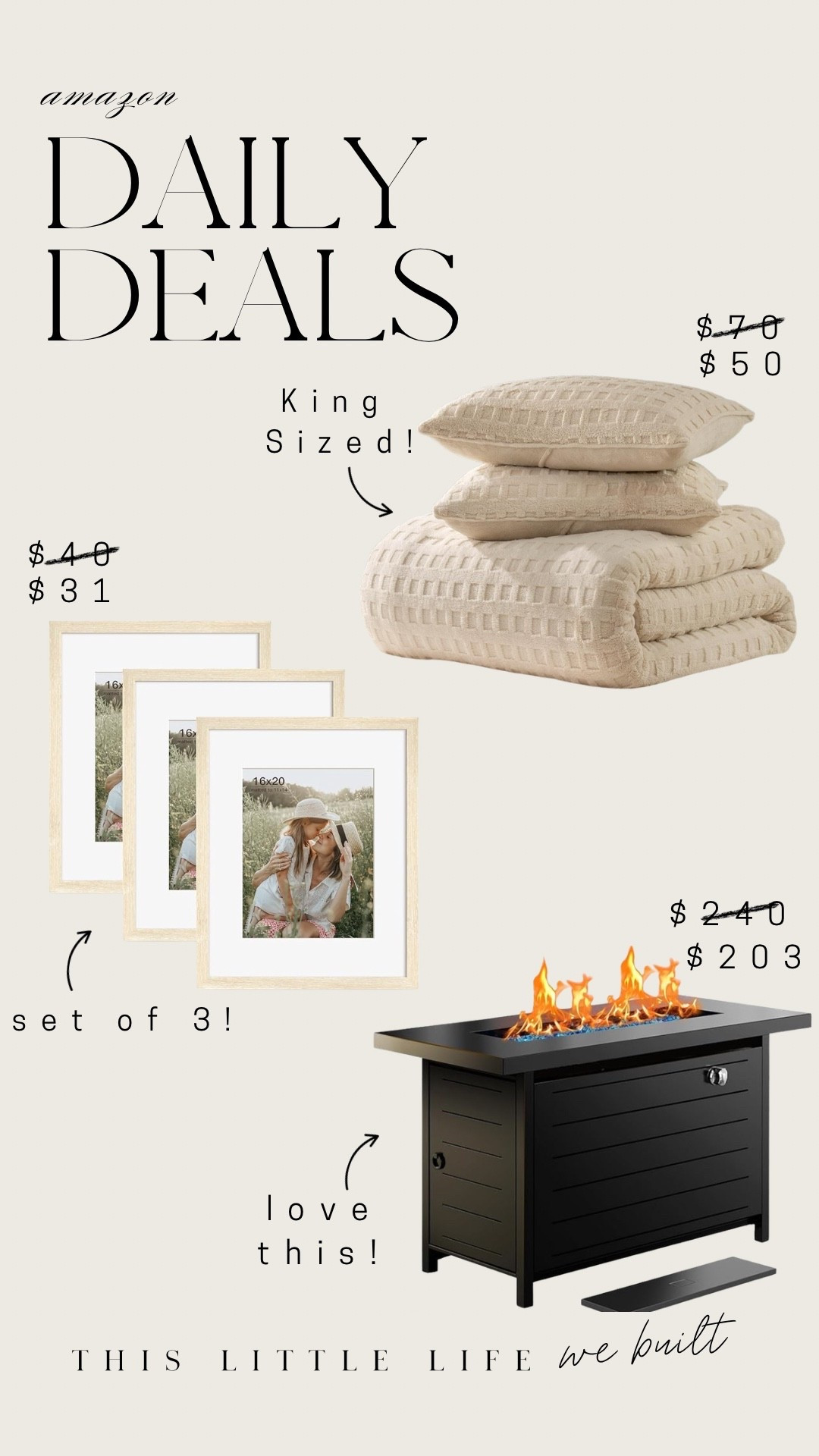 Amazon daily deals! 

King sized comforter, picture frames, fire pit 

#LTKU #LTKSaleAlert #LTKHome