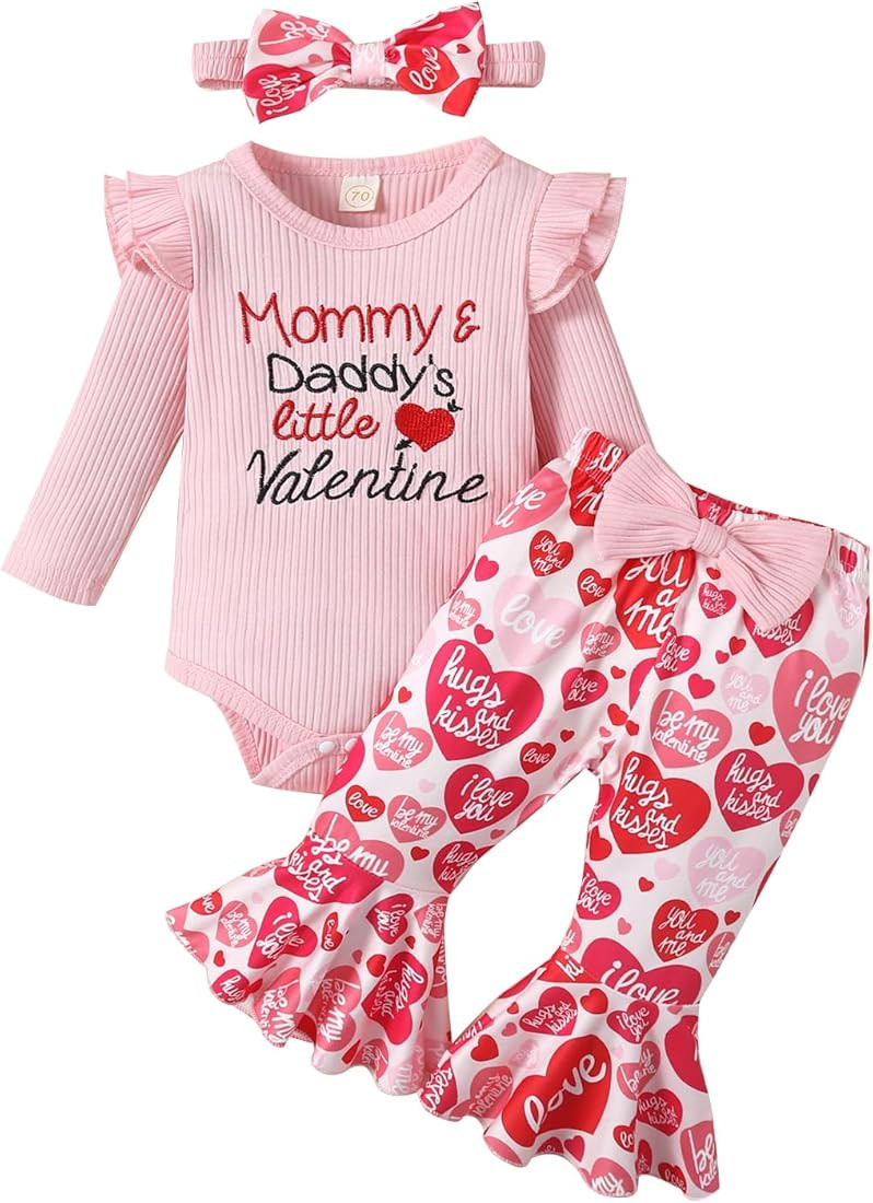 My First Valentine's Day Outfits Newborn Baby Girl Outfits Long Sleeve Ribbed Romper Heart Flare ... | Amazon (US)