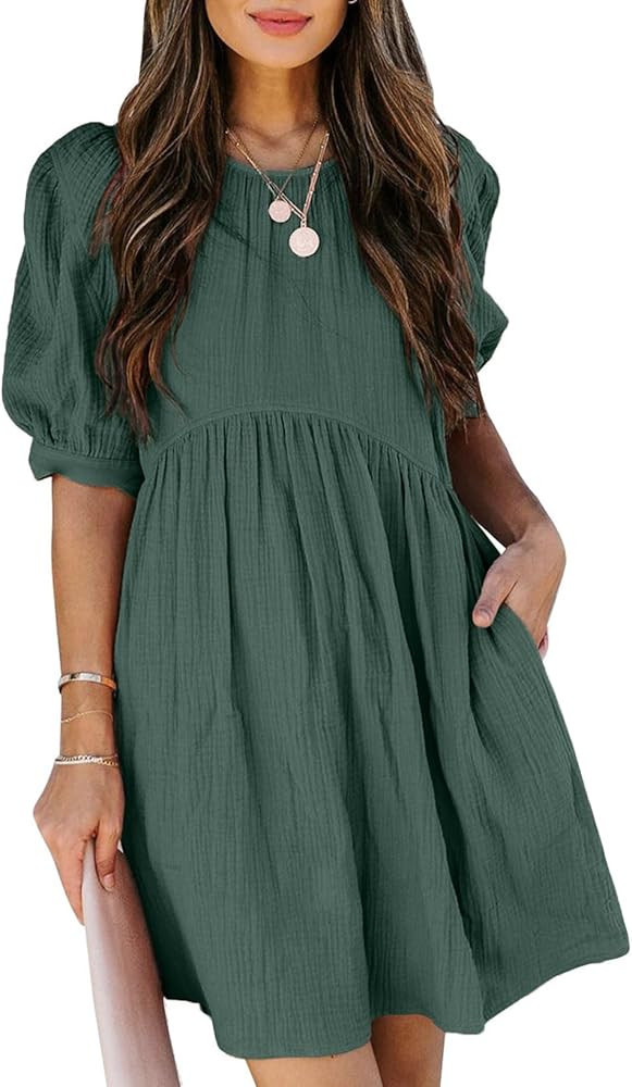 Dokotoo Womens 2025 Spring Summer Crewneck Puff Sleeve Babydoll Elegant Empire Waist Mini Swing S... | Amazon (US)