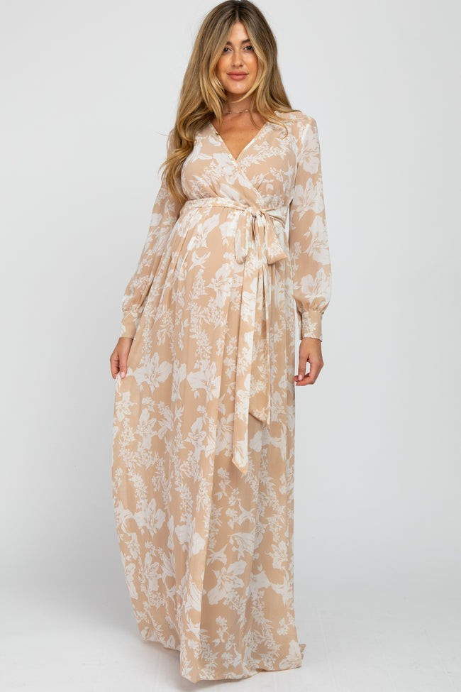 Taupe Floral Chiffon Maternity Maxi Dress | PinkBlush Maternity