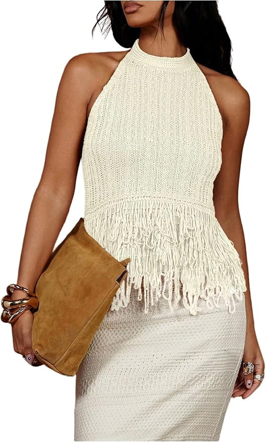 Floerns Women's Summer Fringe Trim Sweater Vest Sleeveless Knitted Going Out Halter Tops | Amazon (US)