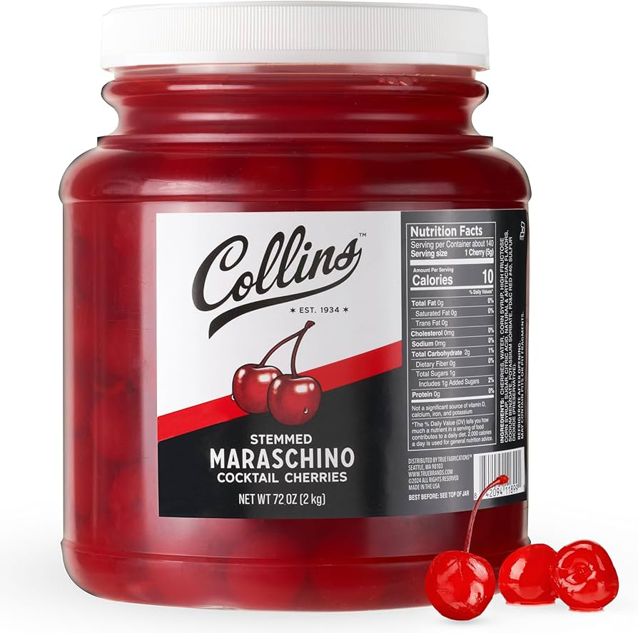 Collins 72 oz Stemmed Maraschino Cherries, Bulk Cocktail Garnish for Mocktails, Desserts and Ice ... | Amazon (US)