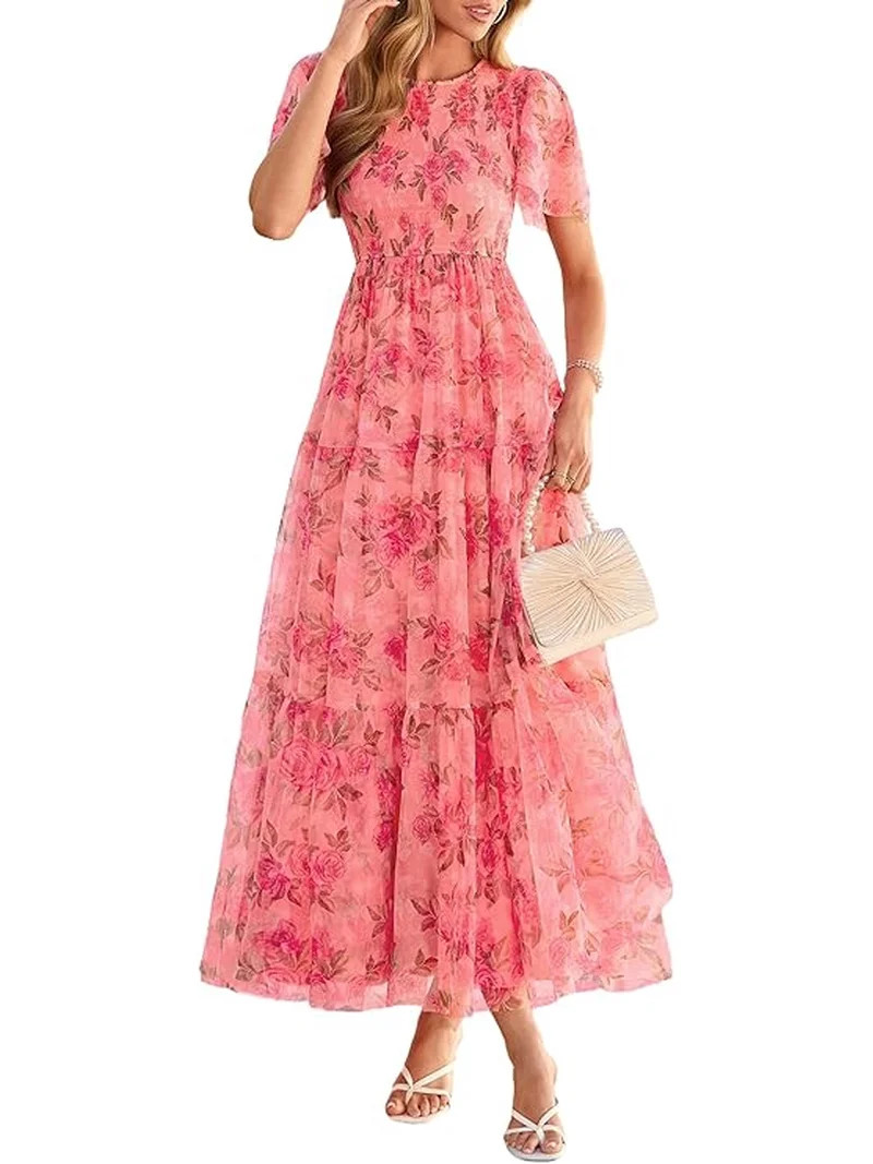 PRETTYGARDEN Tulle Floral Dress Women Summer Wedding Guest Spring Short Sleeve Maxi Smocked Flowy... | Walmart (US)