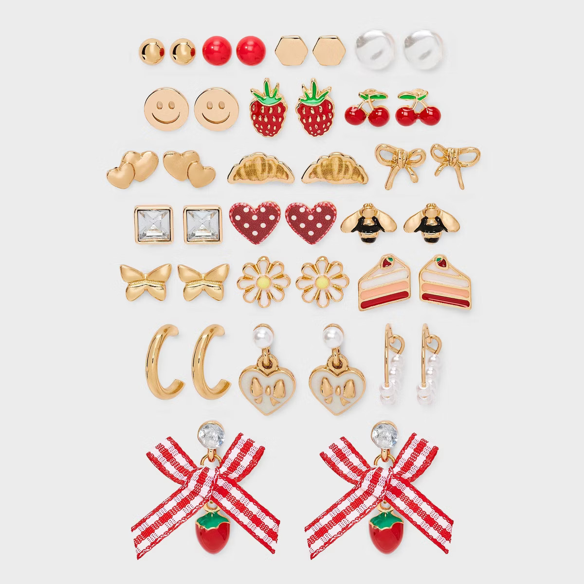 Girls’ 20pk Gingham Bow and Food Earring Set - art class™ Dark Red/Gold: Stud Earrings, Recyc... | Target