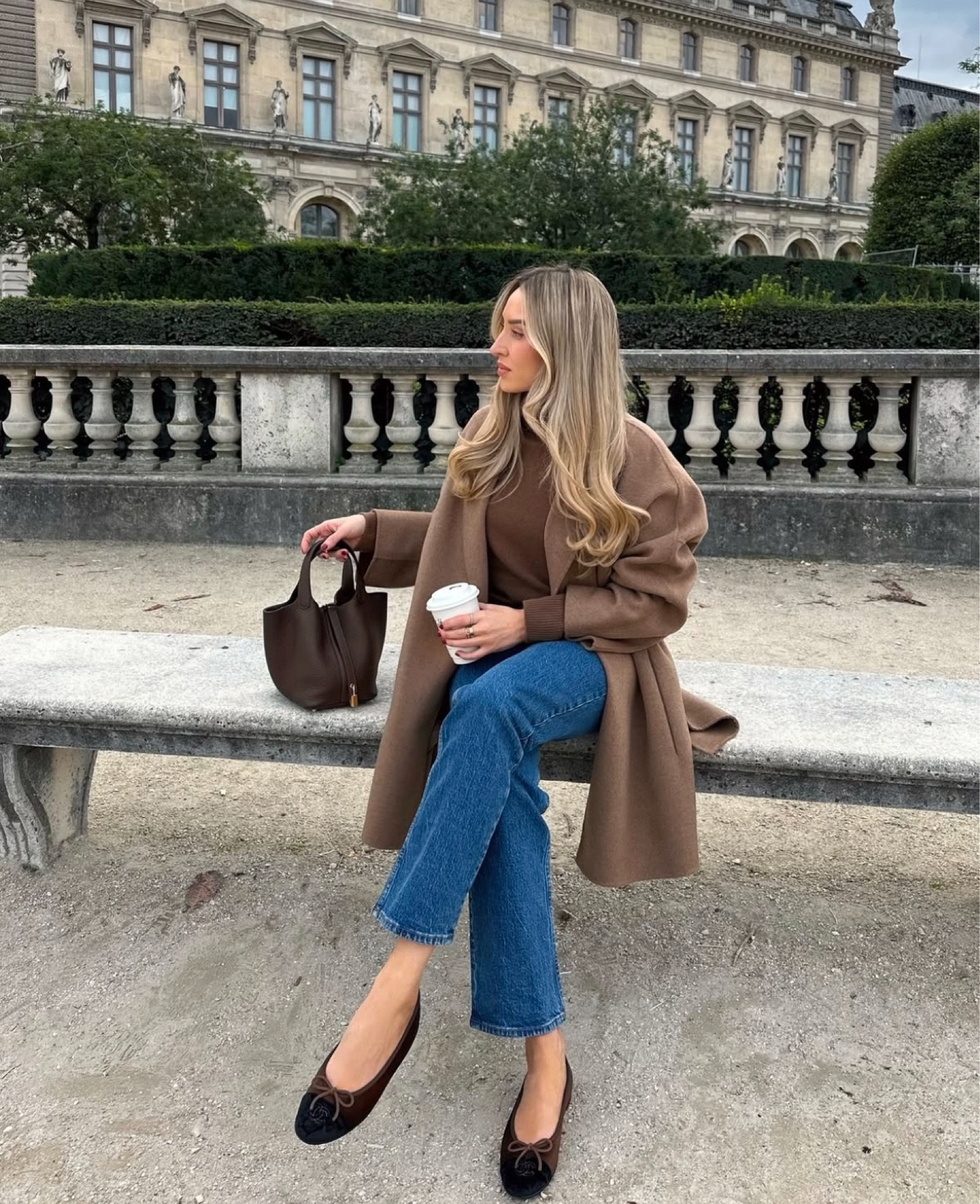 Some of the archives from 2024 🤎 neutral taupe chocolate brown smart casual look for a city trip, wrapped up in a collarless coat, deep blue jeans and chocolate brown accessories  Massimo Dutti Abercrombie, Chanel ballet pumps and Hermes Picoton bag

#LTKwinter #LTKstyletip