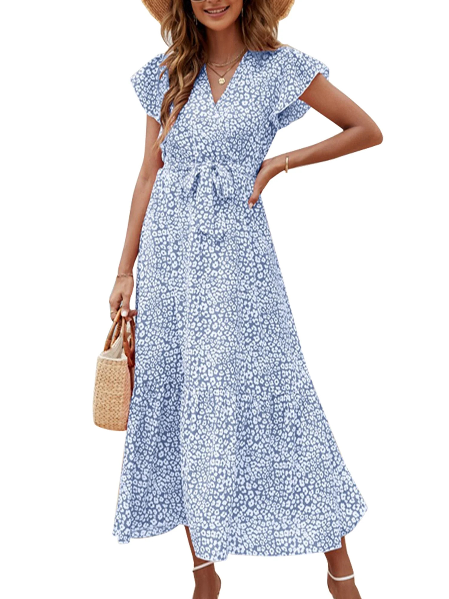 Fantaslook Floral Summer Womens Dress V Neck Ruffle Sleeve A-Line Bohemian Maxi Dress with Belted | Walmart (US)