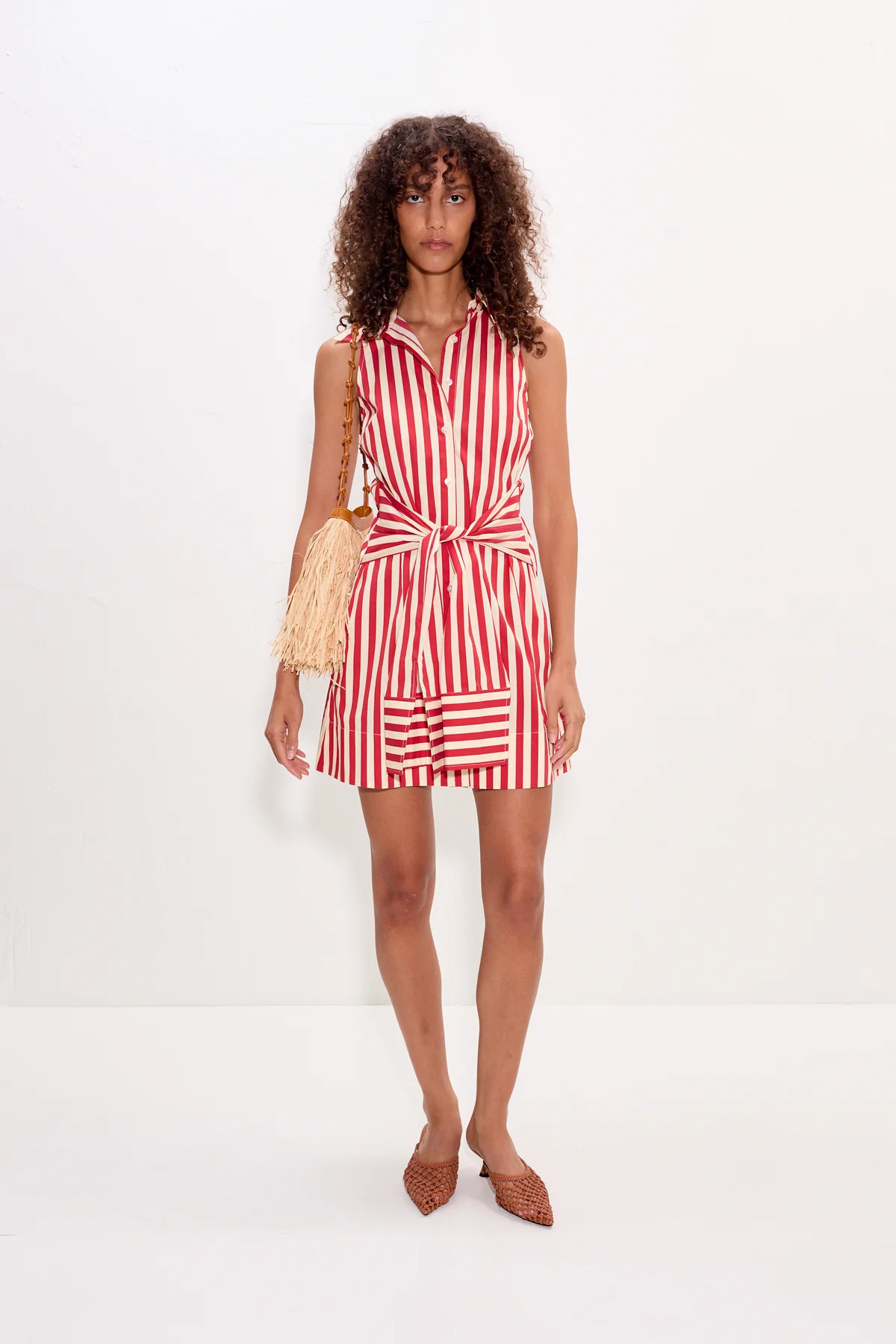 Inna Sleeveless Poplin Mini Dress in Venetian Red Stripe | Simon Miller