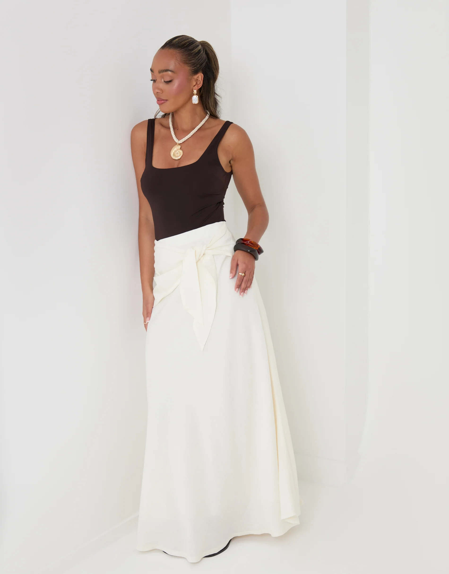 Tie Sash Midi Skirt in White | Threadbare UK