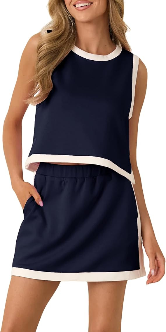 Women 2 Piece Skirt Set Colorblock Sleeveless Athletic Crop Top and High Waisted Sport Short Skor... | Amazon (US)
