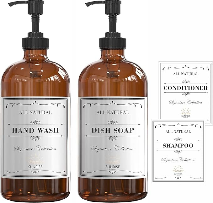 SUNRISE PREMIUM 2-Pack 16 Oz Amber Glass Hand Dish Soap Dispenser with Plastic Pump, Empty Refill... | Amazon (US)