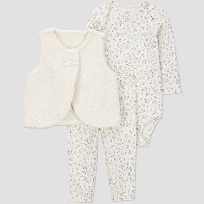 Carter's Just One You® Baby Girls' 3pc Floral Faux Shearling Vest with Bodysuit and Leggings Set - Cream 9M | Target