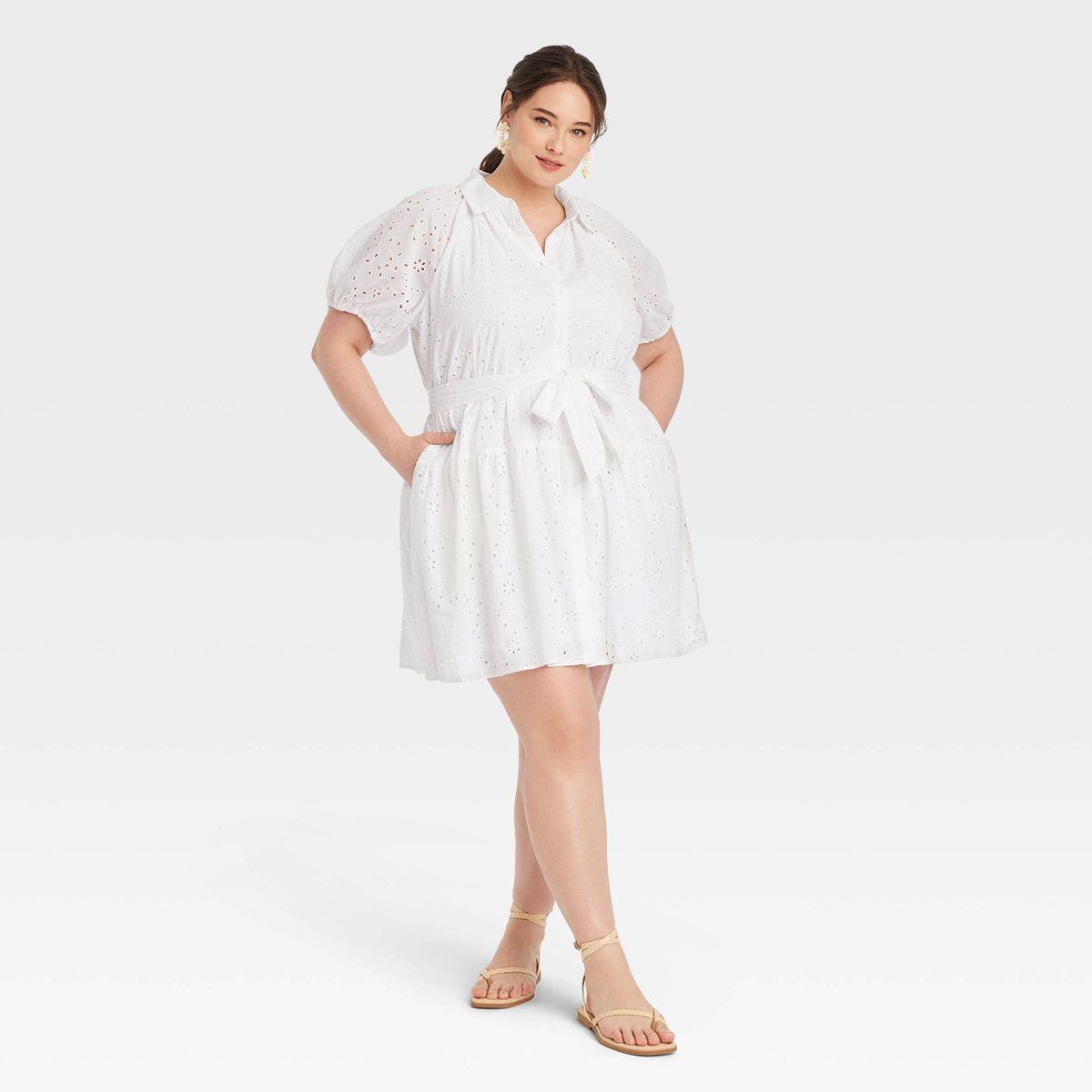 Women's Eyelet Balloon Elbow Sleeve Mini Shirtdress - A New Day™ White | Target