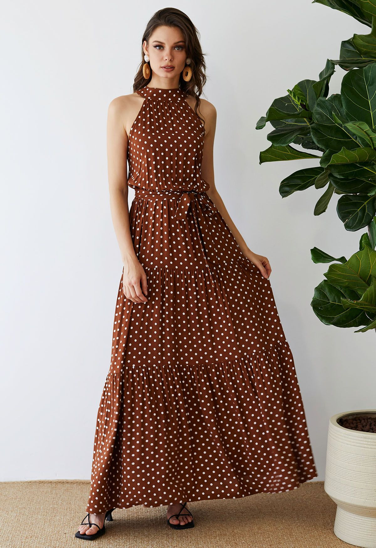 Halter Neck Tie Waist Maxi Dress in Caramel Dots | Chicwish