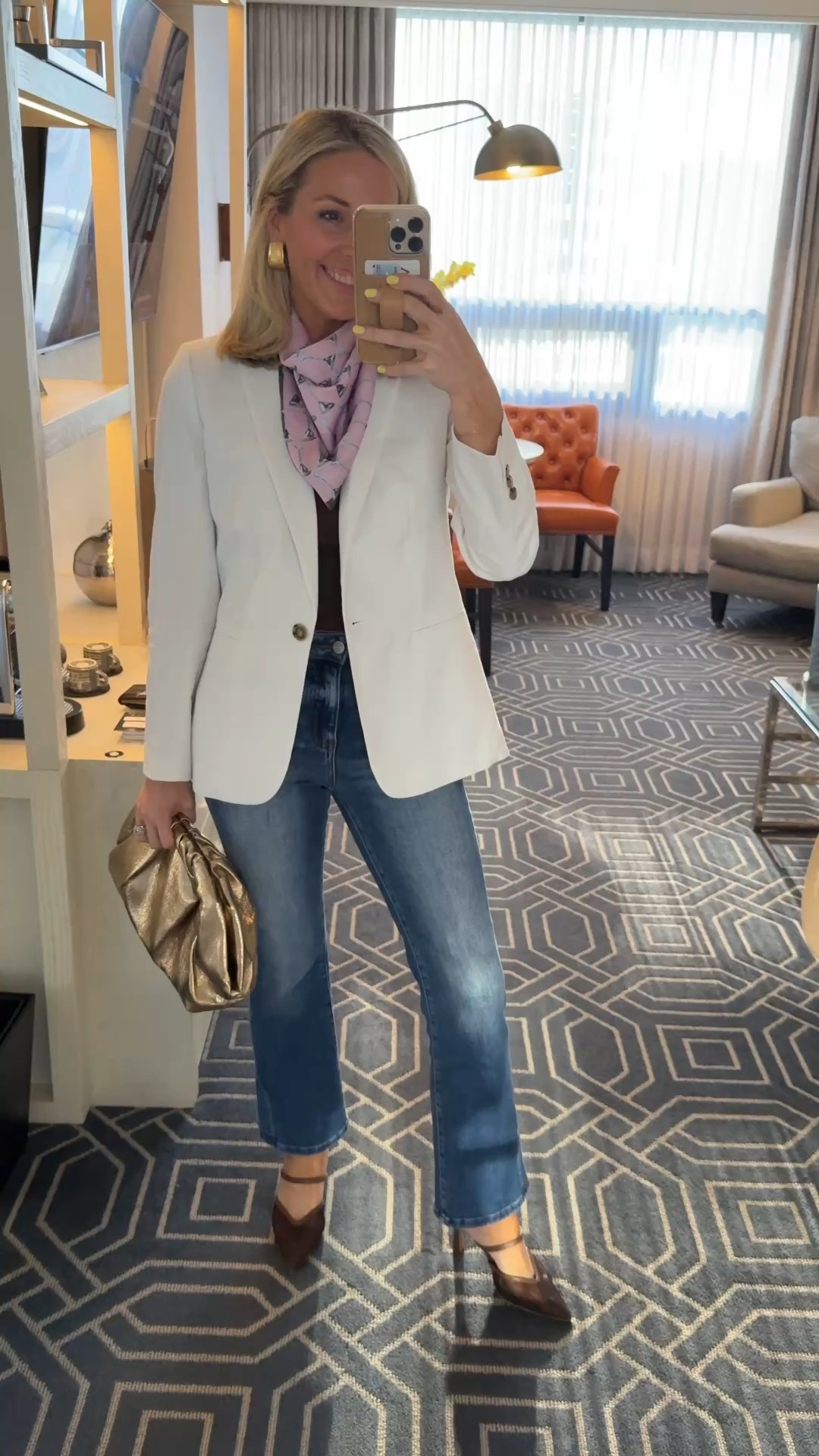 Dinner OOTD
blazer/ size small
Jeans/ size 25
Scarf is by Mimi miller on Instagram! 
Earrings/ party favor vintage on Instagram! 

#LTKWatchNow #LTKShoeCrush #LTKFindsUnder100