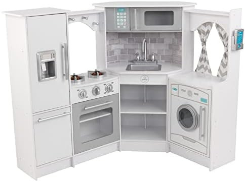 KidKraft Ultimate Corner Wooden Play Kitchen with Lights & Sounds, Play Phone and Curtains, White... | Amazon (US)