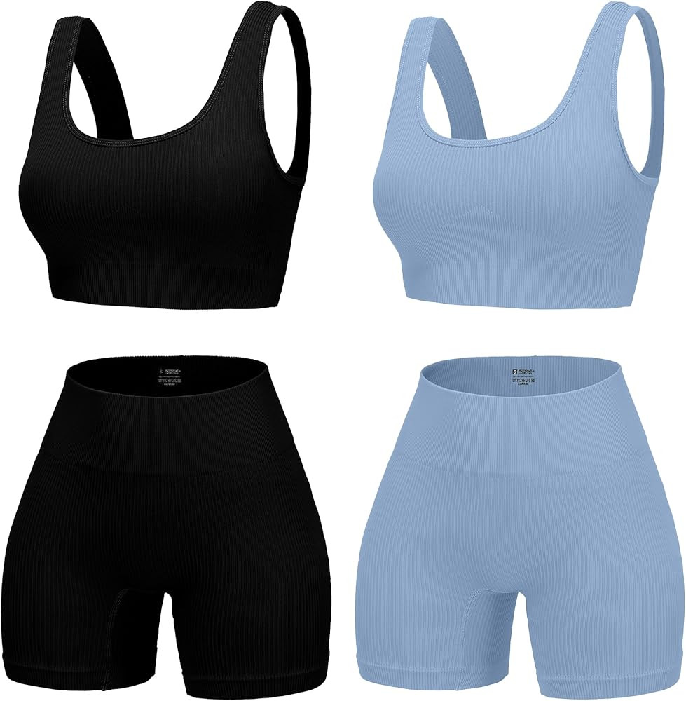 4 Piece Workout Sets for Women Seamless Ribbed High Waist Yoga shorts with Sports Bra Outfits | Amazon (US)