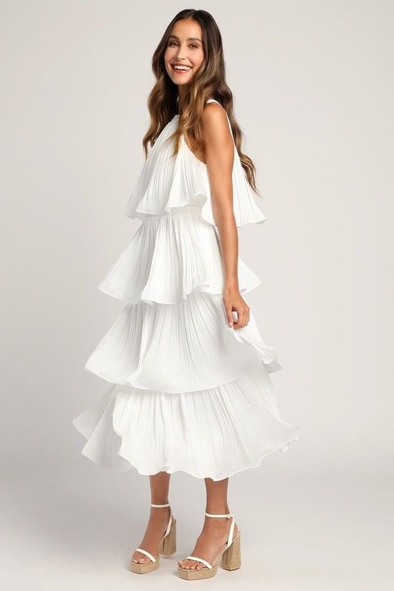 Tier and Far White Tiered Pleated Halter Midi Dress - Bride Style | Lulus (US)