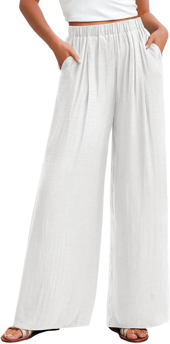 KIRUNDO Flowy Pants for Women Summer 2026 Wide Leg Palazzo Pants Elastic Waist Lounge Trousers Po... | Amazon (US)