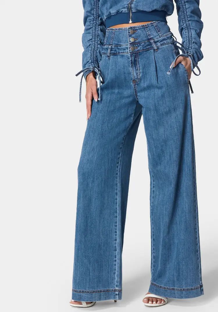 High Waisted Build Up Corset Ultra Wide Leg Jeans | Bebe