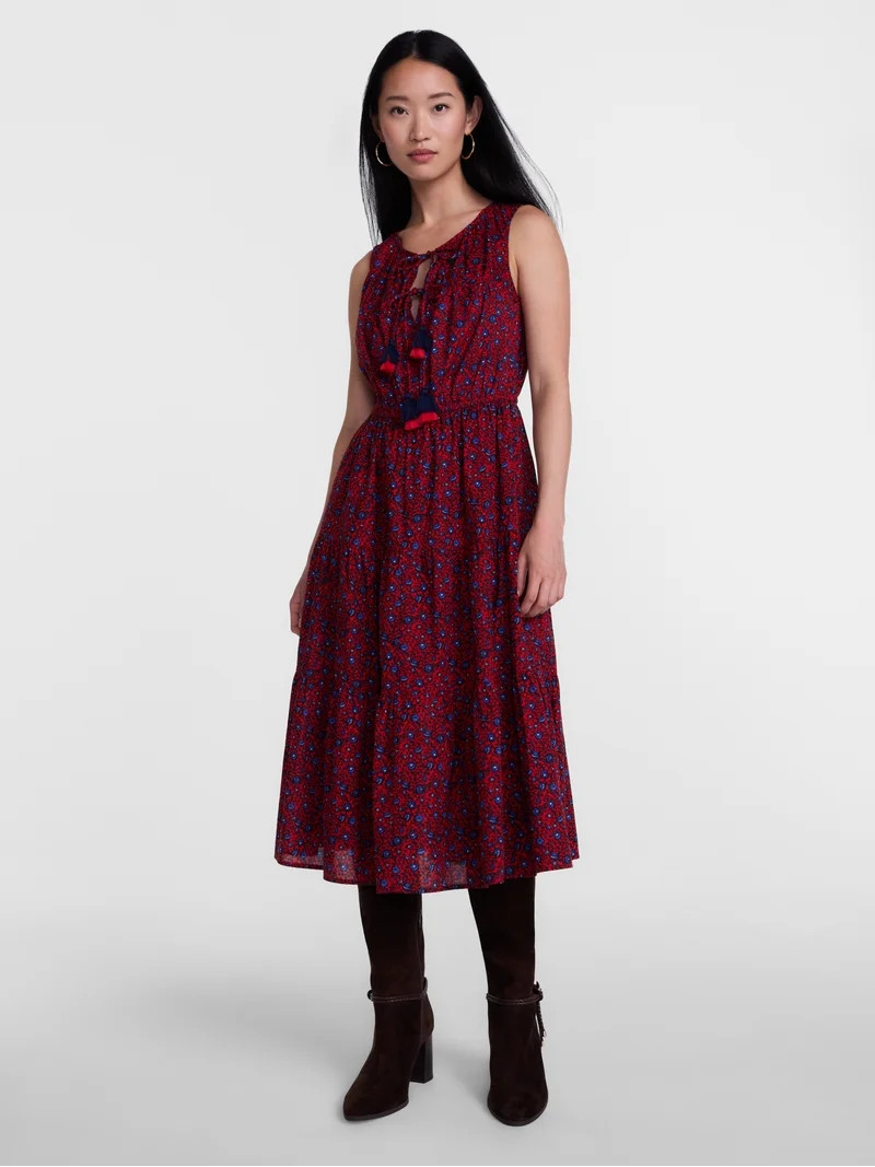 Scenario Women's and Women's Plus Sleeveless Tie Neck Tiered Midi Dress, Sizes XS-4X | Walmart (US)